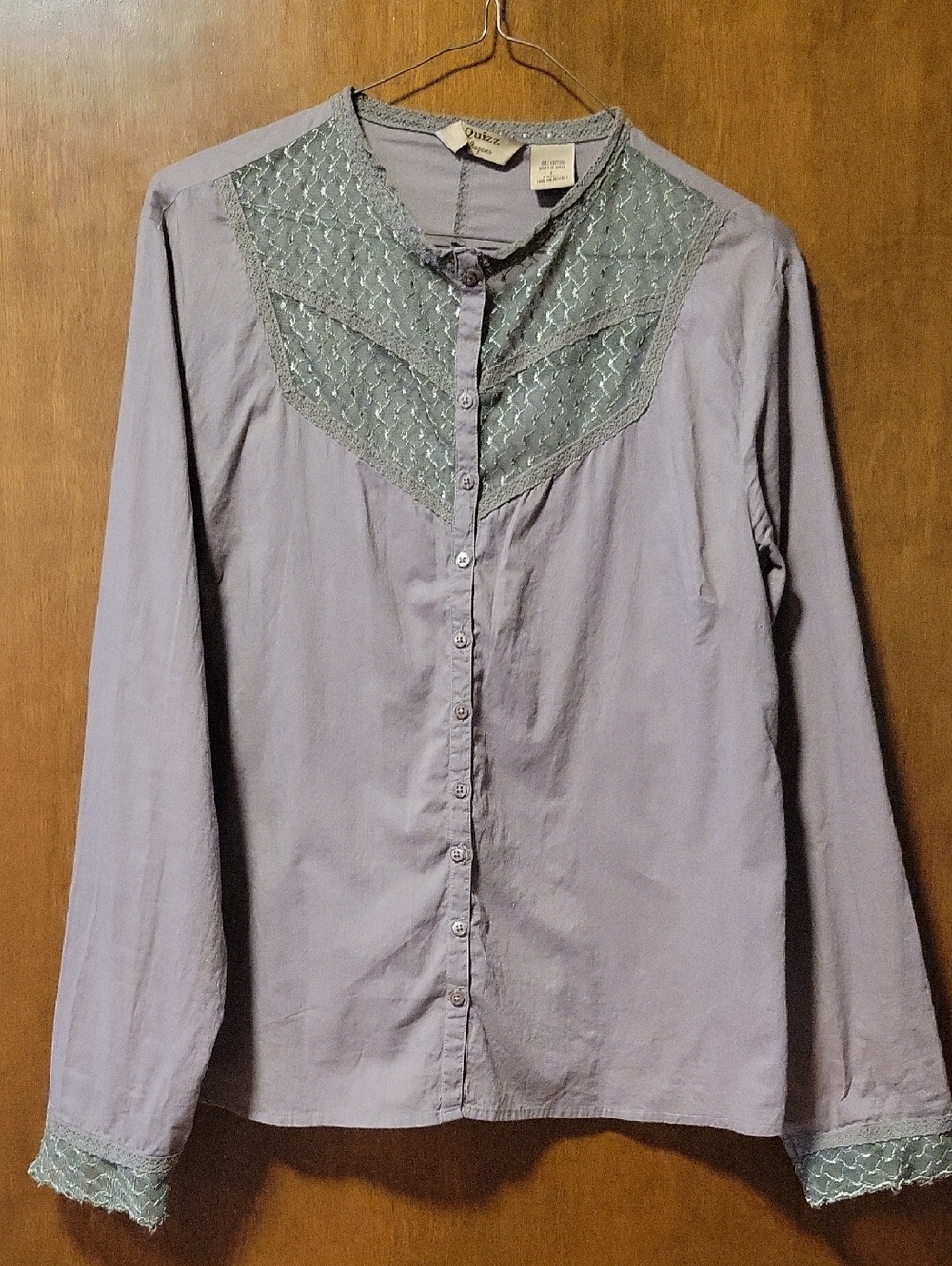 Gray Green Lace Cotton Button Lightweight Long Sleeve Blouse L